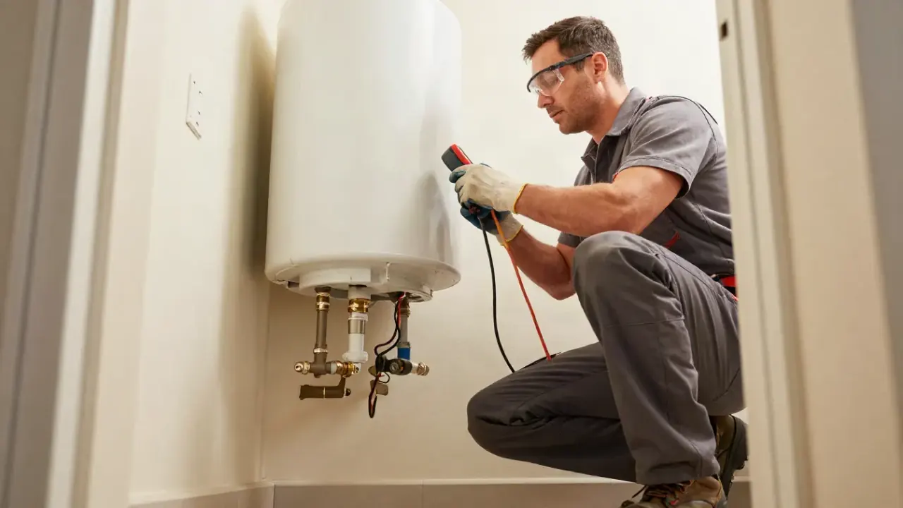 No Hot Water Repair in Aliso Viejo, California: plumber using a multimeter to test the electrical resistance of a heating