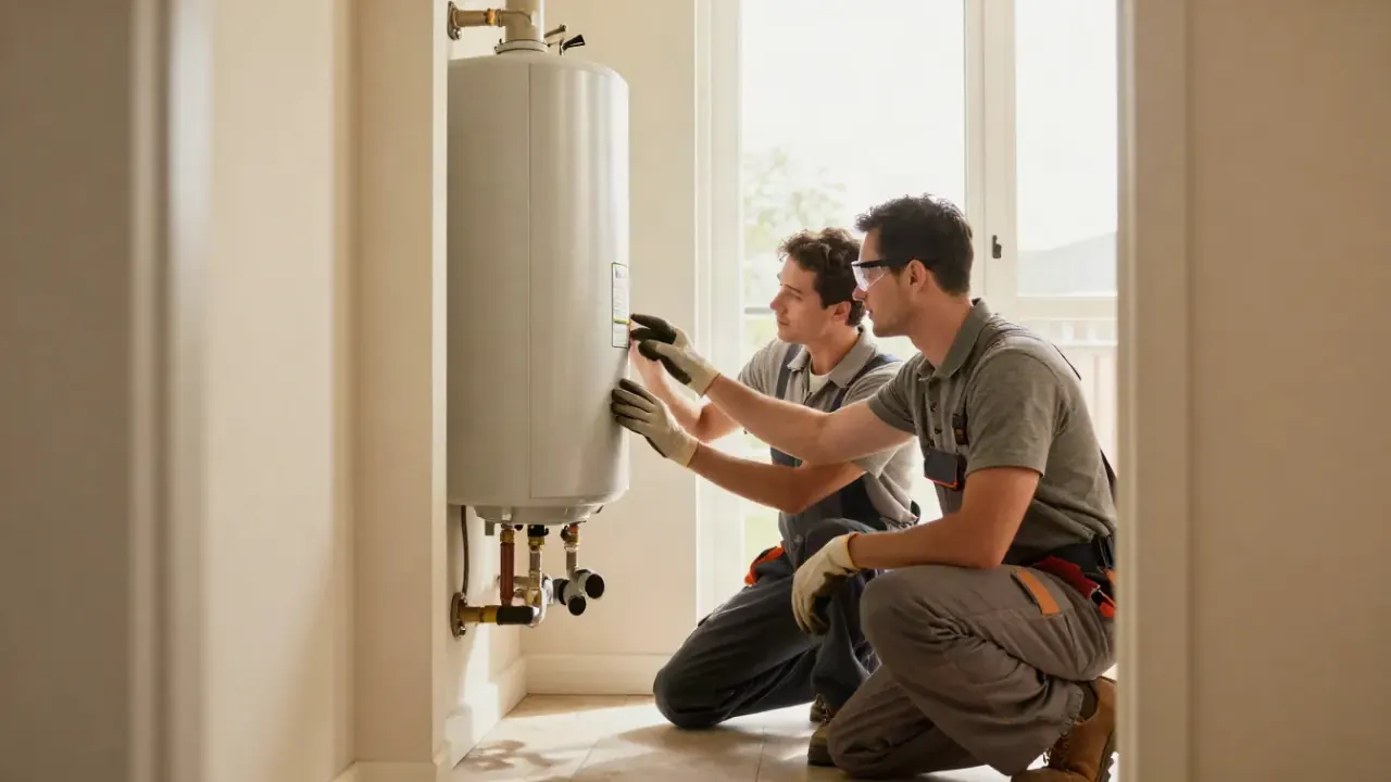 Water Heater Repair in Aliso Viejo, California: plumber explaining a repair process to a homeowner, both looking at the side