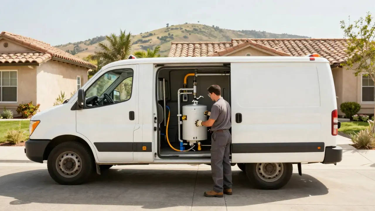 Water Heater Repair in Aliso Viejo, California: service vehicle, clean and unbranded, parked neatly in the driveway of a