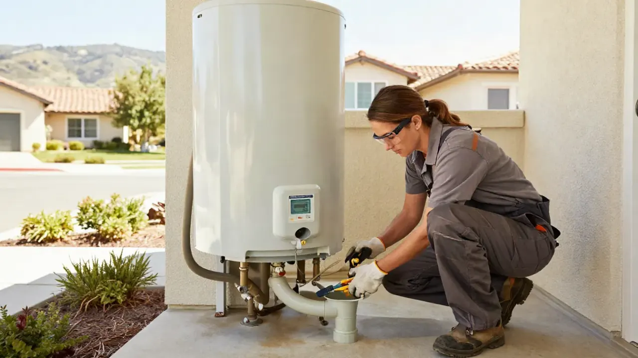 Heat Pump Water Heater Service in Aliso Viejo, California: plumber checking the condensate drain line connection and